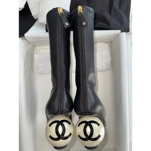 Chanel 25K Black White Pearl Ball Heel CC Logo Stretch Leather Calf Boots 37.5 - Picture 15 of 16